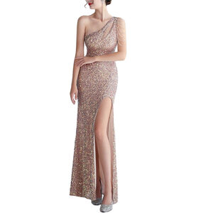 NWT Kalinnu Gold Sequin One Shoulder Mermaid Gown 12 Formal Wedding Slit Tassel